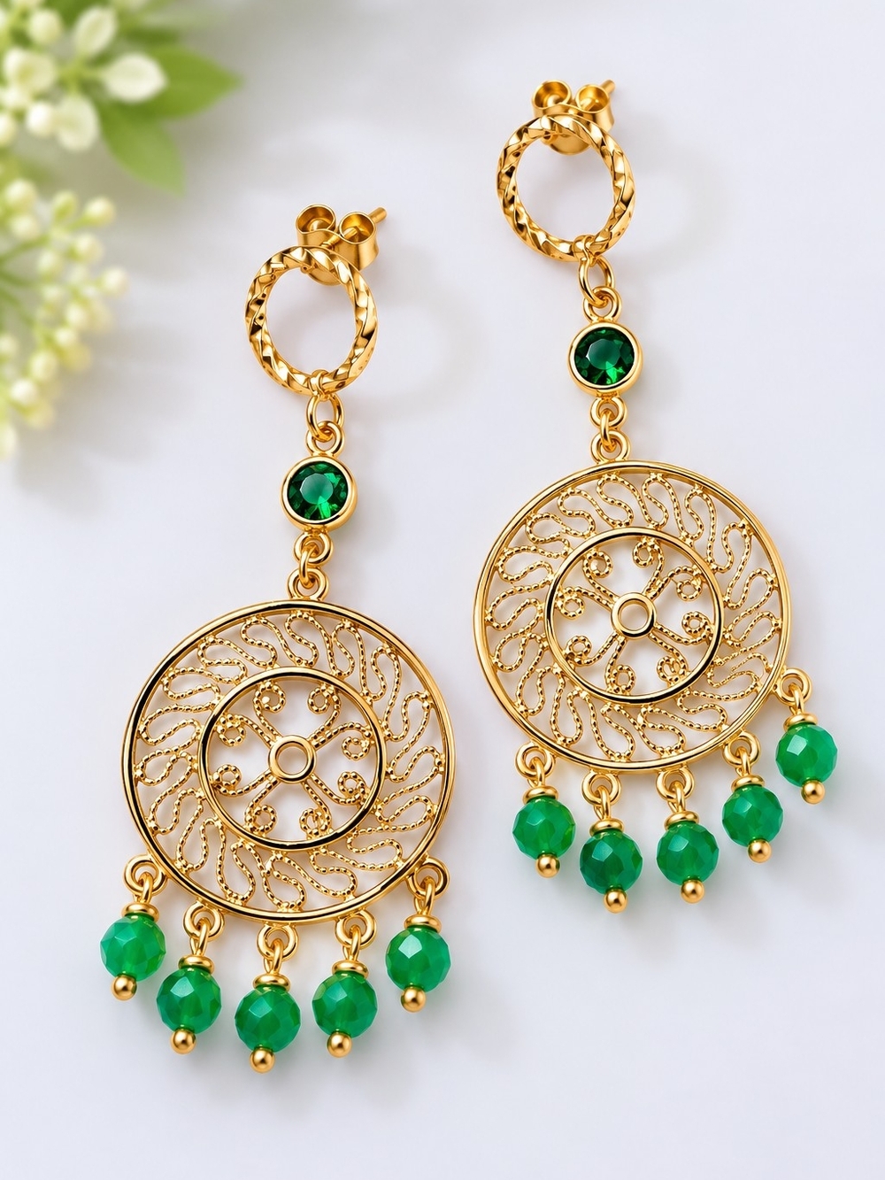 Gold Filigree Drop Earrings with Green Stone Dangles
